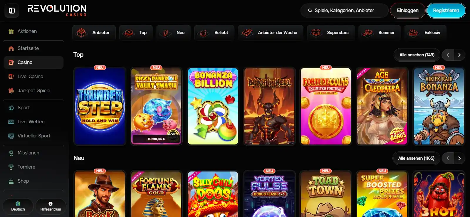 Deutscher Revolution-Casino-Spielebereich mit Kategorien und Spielkacheln